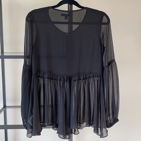 Halston Black Sheer Bell Sleeves Button Down Blouse - Picture 2 of 5